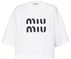 (Women) MIU MIU FW22 White Logo Print Crewneck Short Sleeve T-Shirt MJN445-12LZ-F0009 (Women) MIU MIU FW22 White Logo Print Crewneck Short Sleeve T-Shirt MJN445-12LZ-F0009