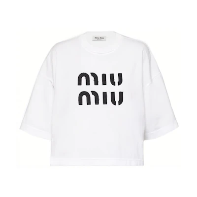 (Women) MIU MIU FW22 White Logo Print Crewneck Short Sleeve T-Shirt MJN445-12LZ-F0009