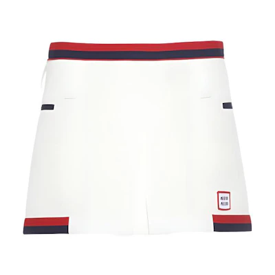 (Women) MIU MIU FW22 White Striped Knit Logo Mini Skirt. MG1874-1TQX-F0009