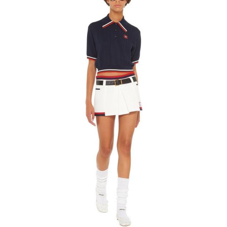 Lookbook (W) Falda Mini de Punto a Rayas Blanca con Logo MIU MIU FW22. MG1874-1TQX-F0009