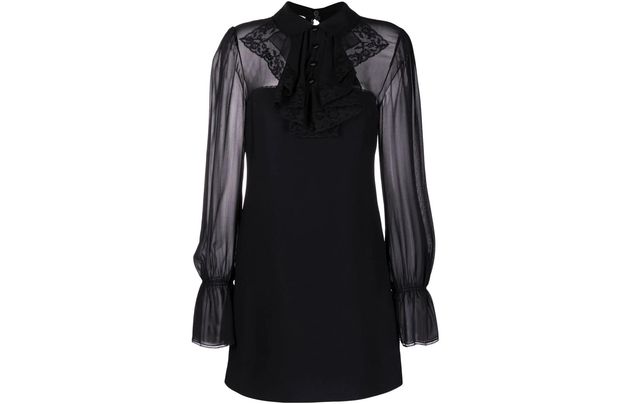 (Women) MIU MIU FW22 Black Sheer Ruffle Lace Collar Long-Sleeve Dress for Women. MF4657-1GAG-F0002