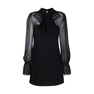 (Women) MIU MIU FW22 Black Sheer Ruffle Lace Collar Long-Sleeve Dress for Women. MF4657-1GAG-F0002