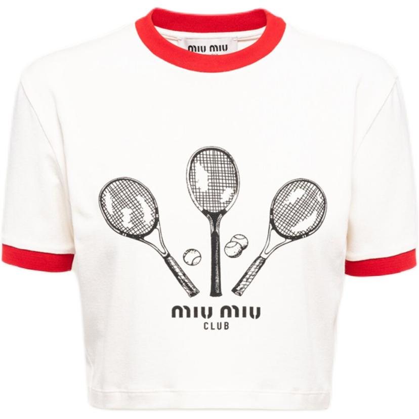 (Women) MIU MIU FW22 Contrast Trim Printed Cropped Slim Fit T-Shirt Women - White MJN427-115I-F0304