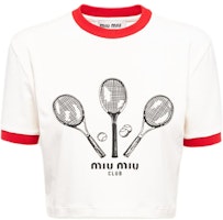 (Women) MIU MIU FW22 Contrast Trim Printed Cropped Slim Fit T-Shirt Women - White MJN427-115I-F0304 (Women) MIU MIU FW22 Contrast Trim Printed Cropped Slim Fit T-Shirt Women - White MJN427-115I-F0304