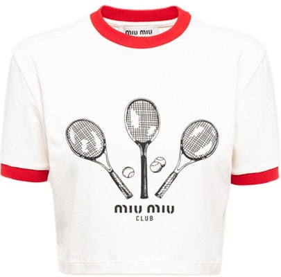 (W) ミュウミュウ FW22 コントラストトリム プリント クロップド Tシャツ ホワイト レディース MJN427-115I-F0304 Buy (W) ミュウミュウ FW22 コントラストトリム プリント クロップド Tシャツ ホワイト レディース MJN427-115I-F0304