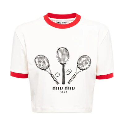 (Women) MIU MIU FW22 Contrast Trim Printed Cropped Slim Fit T-Shirt Women - White MJN427-115I-F0304