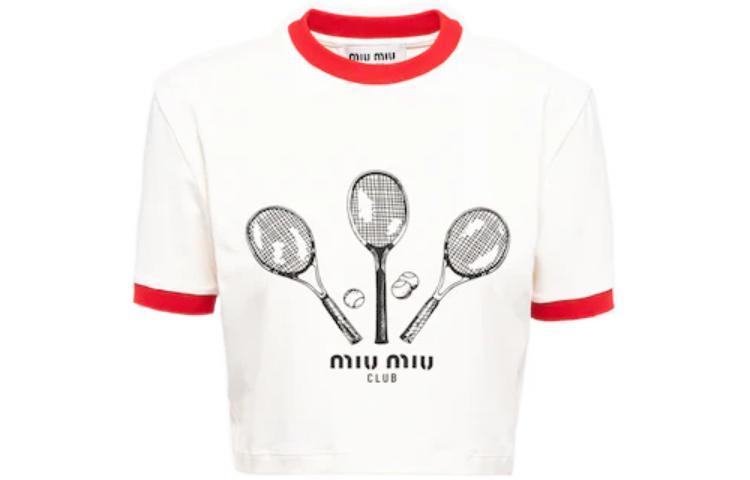 Order (W) ミュウミュウ FW22 コントラストトリム プリント クロップド Tシャツ ホワイト レディース MJN427-115I-F0304