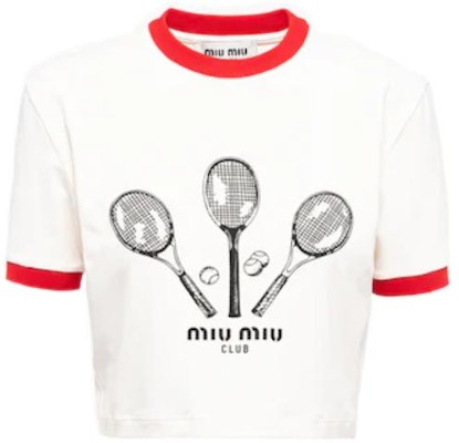 (W) ミュウミュウ FW22 コントラストトリム プリント クロップド Tシャツ ホワイト レディース MJN427-115I-F0304 Order (W) ミュウミュウ FW22 コントラストトリム プリント クロップド Tシャツ ホワイト レディース MJN427-115I-F0304