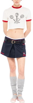 (W) ミュウミュウ FW22 コントラストトリム プリント クロップド Tシャツ ホワイト レディース MJN427-115I-F0304 Lookbook (W) ミュウミュウ FW22 コントラストトリム プリント クロップド Tシャツ ホワイト レディース MJN427-115I-F0304