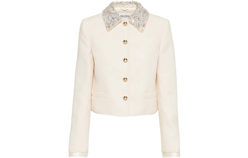 (Women) MIU MIU FW22 Crystal-Embellished Collar Single-Breasted Jacket Beige Women’s MH1799-11D0-F0304
