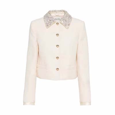 (Women) MIU MIU FW22 Crystal-Embellished Collar Single-Breasted Jacket Beige Women’s MH1799-11D0-F0304