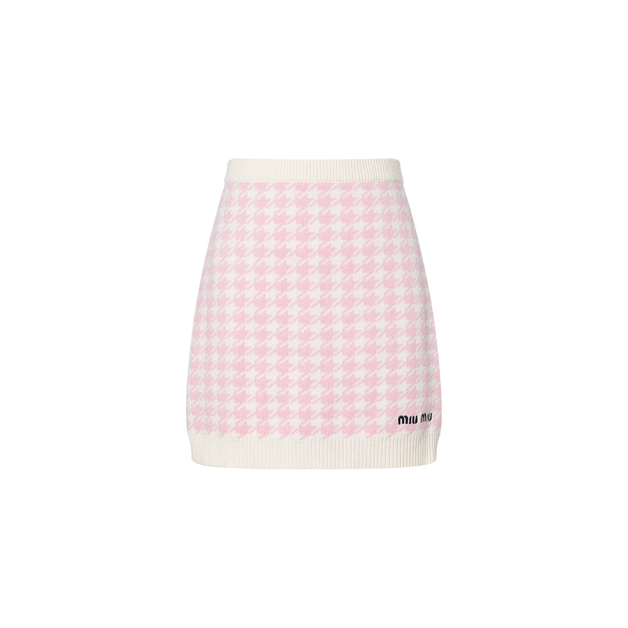(Women) MIU MIU FW22 Embroidered Logo Houndstooth Pink Mini Skirt for Women. MMG397-11UX-F0AY1