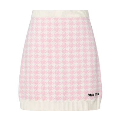 (Women) MIU MIU FW22 Embroidered Logo Houndstooth Pink Mini Skirt for Women. MMG397-11UX-F0AY1