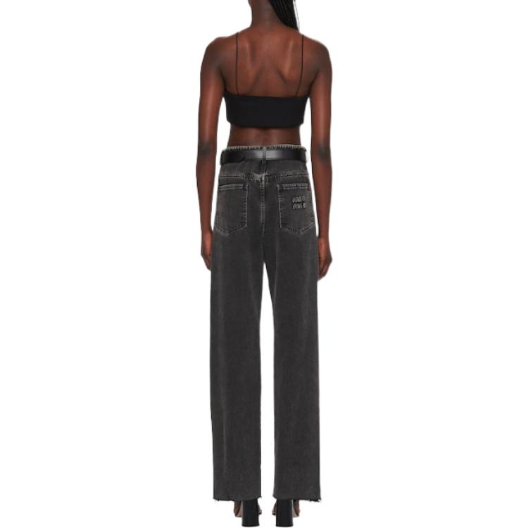 Shop (W) MIU MIU FW22 Celana Jeans High-Waist Wide-Leg Kancing Wanita Hitam Denim GWP450-115V-F0002
