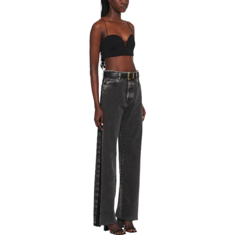 Purchase (W) MIU MIU FW22 Celana Jeans High-Waist Wide-Leg Kancing Wanita Hitam Denim GWP450-115V-F0002