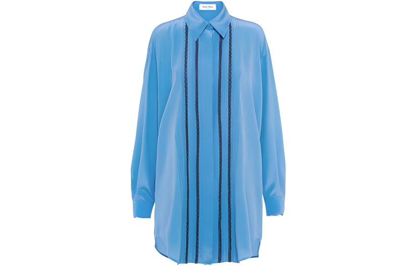 (Women) MIU MIU FW22 Lace Patchwork Loose Fit Long Sleeve Shirt Dress Women Light Blue MF4659-11RC-F0237