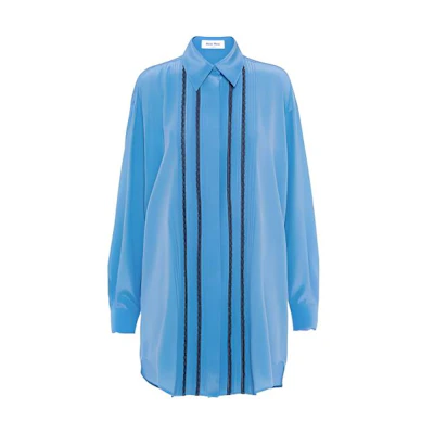(Women) MIU MIU FW22 Lace Patchwork Loose Fit Long Sleeve Shirt Dress Women Light Blue MF4659-11RC-F0237