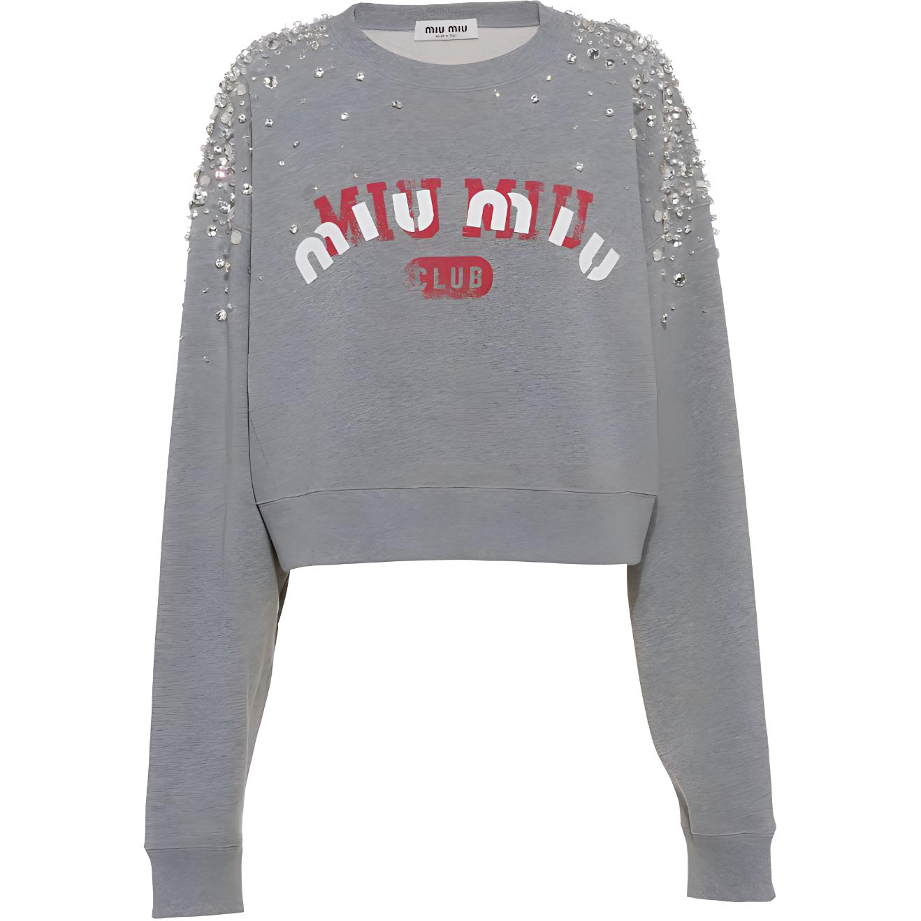 (Women) Miu Miu FW22 Logo Beaded Crewneck Cropped Sweatshirt - Gray MJL883-11Q8-F0031