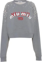 (Women) Miu Miu FW22 Logo Beaded Crewneck Cropped Sweatshirt - Gray MJL883-11Q8-F0031 (Women) Miu Miu FW22 Logo Beaded Crewneck Cropped Sweatshirt - Gray MJL883-11Q8-F0031