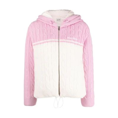 (Women) MIU MIU FW22 Logo Embroidered Contrast Knit Down Jacket Pink . ML86011GP-F0UJ2