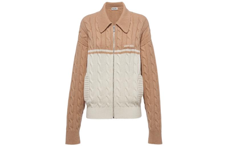 (Women) MIU MIU FW22 Logo Patch Cable Knit Wool Cardigan for Women - Brown. MMF623-11FP-F0825