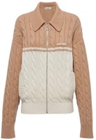 (Women) MIU MIU FW22 Logo Patch Cable Knit Wool Cardigan for Women - Brown. MMF623-11FP-F0825 (Women) MIU MIU FW22 Logo Patch Cable Knit Wool Cardigan for Women - Brown. MMF623-11FP-F0825