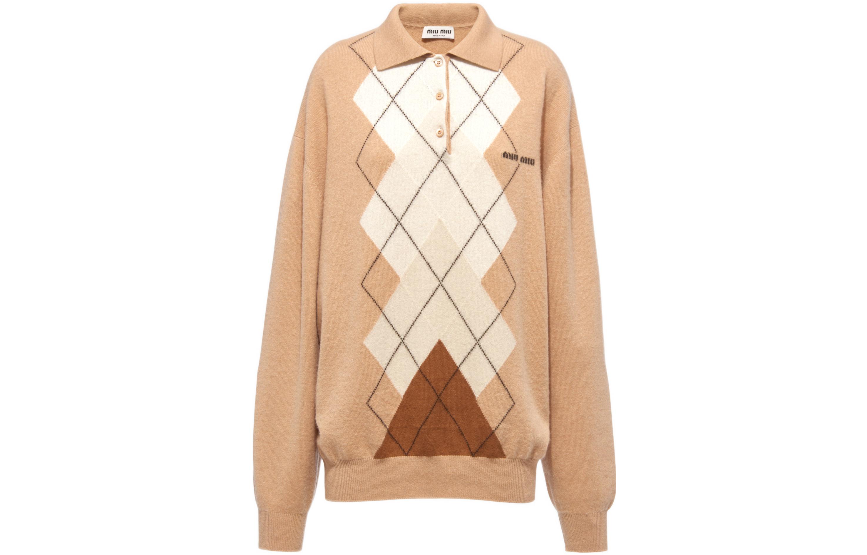 (Women) MIU MIU FW22 Plaid Knit Pullover Sweater  Cashmere Brown MML684-112O-F0040