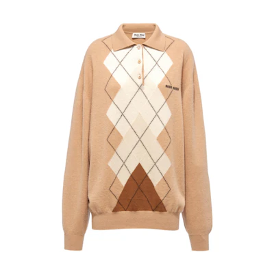 (Women) MIU MIU FW22 Plaid Knit Pullover Sweater Cashmere Brown MML684-112O-F0040