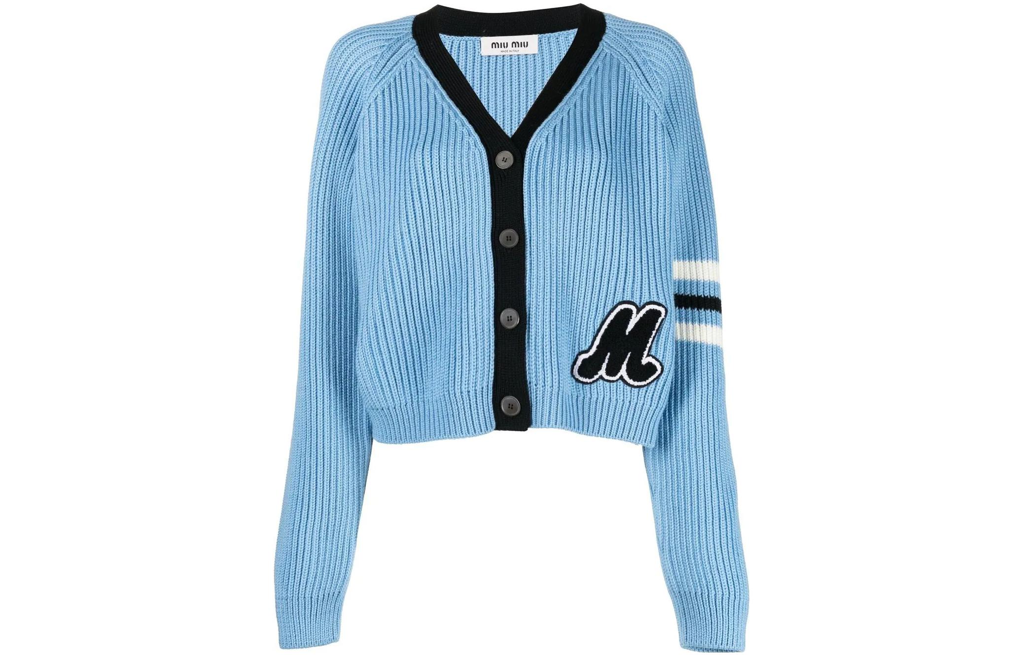 (Women) MIU MIU FW22 Sky Blue  V-Neck Colorblock Wool Knit Sweater. MMF64311SI-F0013
