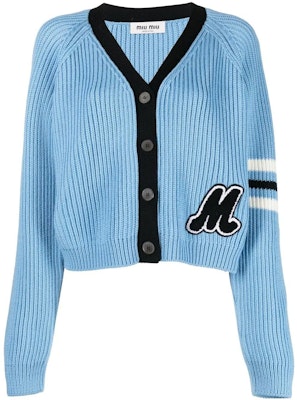 (W) MIU MIU 2022秋冬天蓝色V领拼色羊毛针织衫 MMF64311SI-F0013 Buy (W) MIU MIU 2022秋冬天蓝色V领拼色羊毛针织衫 MMF64311SI-F0013