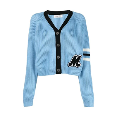 (Women) MIU MIU FW22 Sky Blue V-Neck Colorblock Wool Knit Sweater. MMF64311SI-F0013