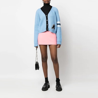 (W) MIU MIU 2022秋冬天蓝色V领拼色羊毛针织衫 MMF64311SI-F0013 Lookbook (W) MIU MIU 2022秋冬天蓝色V领拼色羊毛针织衫 MMF64311SI-F0013