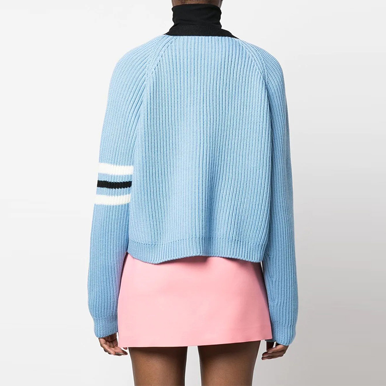 Shop (W) MIU MIU 2022秋冬天蓝色V领拼色羊毛针织衫 MMF64311SI-F0013