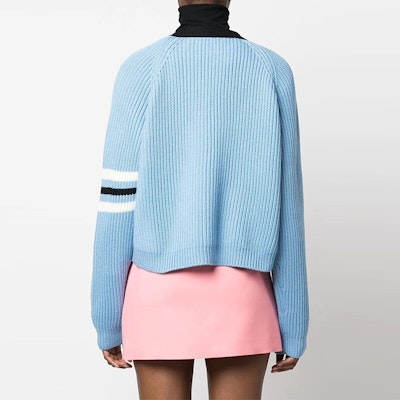 (W) MIU MIU 2022秋冬天蓝色V领拼色羊毛针织衫 MMF64311SI-F0013 Shop (W) MIU MIU 2022秋冬天蓝色V领拼色羊毛针织衫 MMF64311SI-F0013