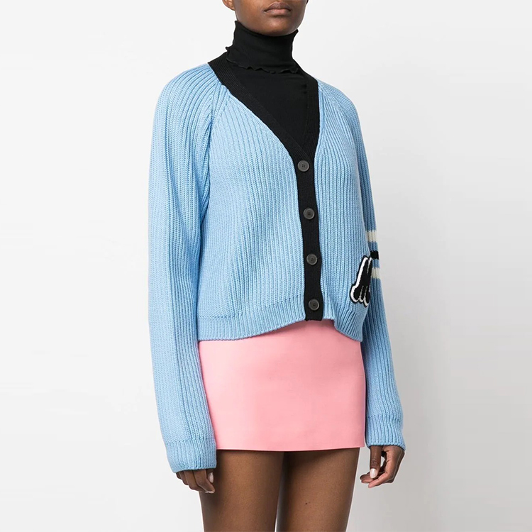 Purchase (W) MIU MIU 2022秋冬天蓝色V领拼色羊毛针织衫 MMF64311SI-F0013