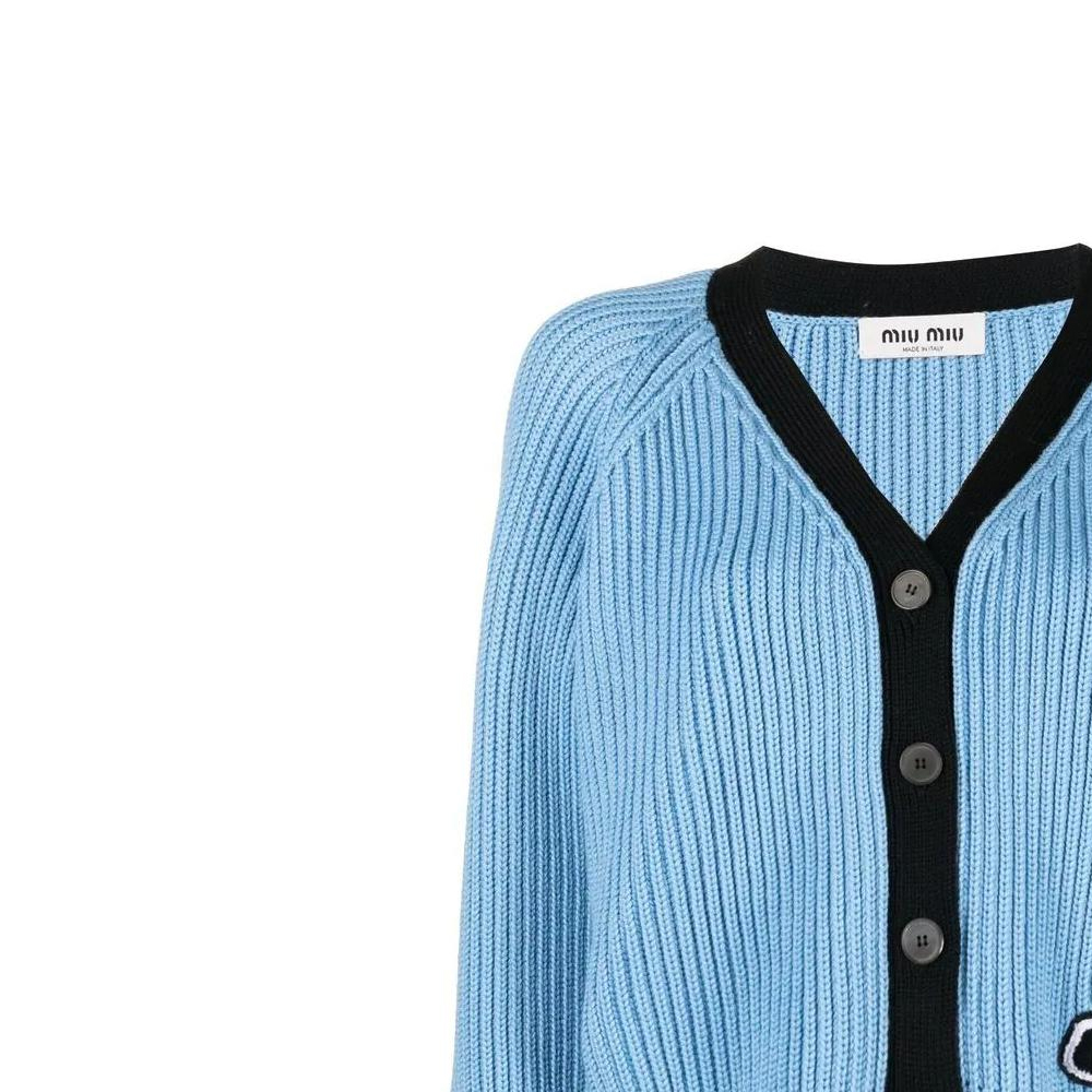 Details for (W) MIU MIU 2022秋冬天蓝色V领拼色羊毛针织衫 MMF64311SI-F0013
