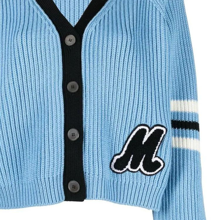 Cheap (W) MIU MIU 2022秋冬天蓝色V领拼色羊毛针织衫 MMF64311SI-F0013