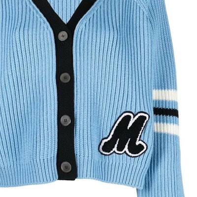 (W) MIU MIU 2022秋冬天蓝色V领拼色羊毛针织衫 MMF64311SI-F0013 Cheap (W) MIU MIU 2022秋冬天蓝色V领拼色羊毛针织衫 MMF64311SI-F0013