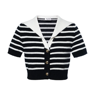 (Women) MIU MIU FW23 Black Color-Block Striped Knit Short-Sleeve Shirt MMF863-12BD-F0889-S-OOO