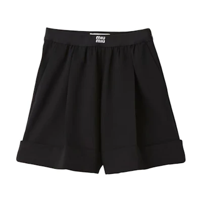 (Women) MIU MIU FW23 Black Elastic Waist Shorts with Logo Print. MP1701S2321R1F0002