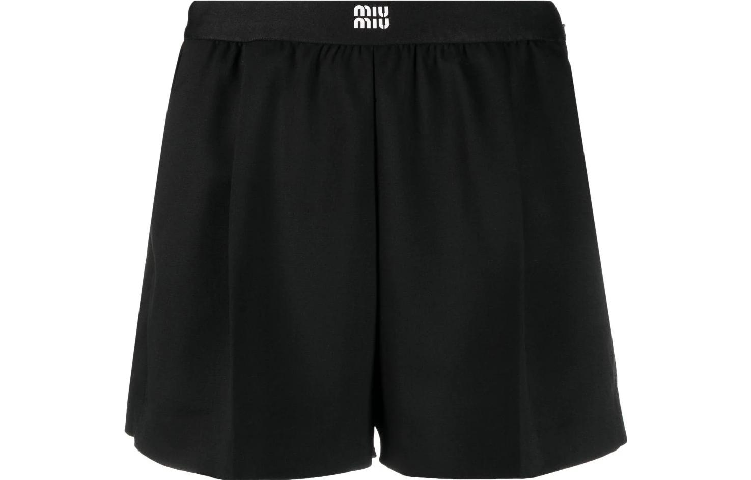Order (W) Shorts Negros MIU MIU FW23 con Cintura Elástica y Logo Impreso. MP1701S2321R1F0002