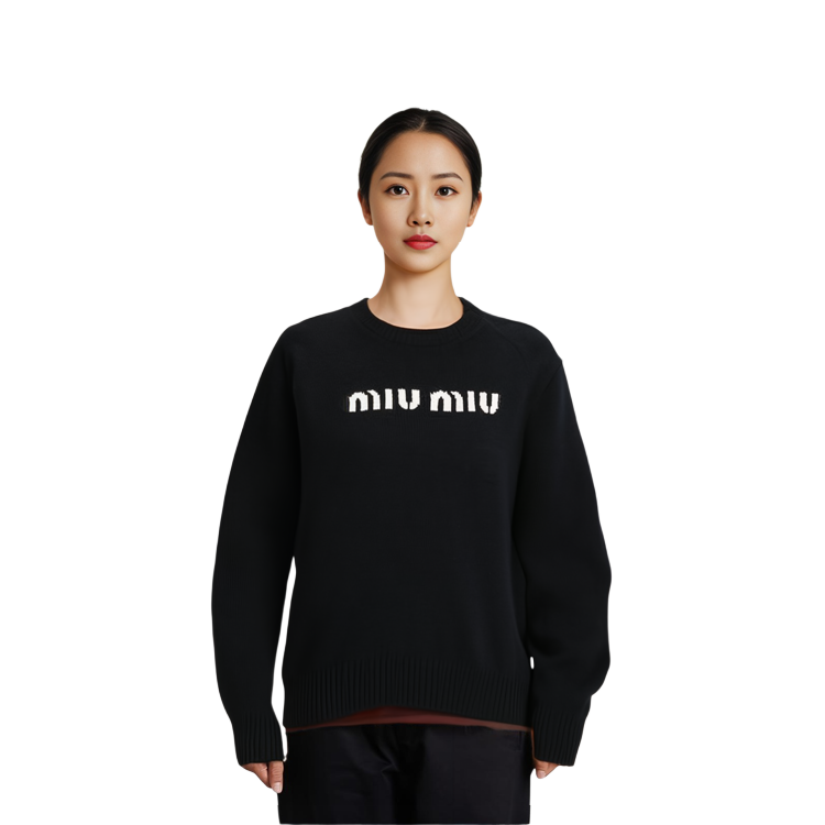 Shop (W) MIU MIU FW23 黑色刺绣标志宽松毛衣 MML808-13K1-F0002