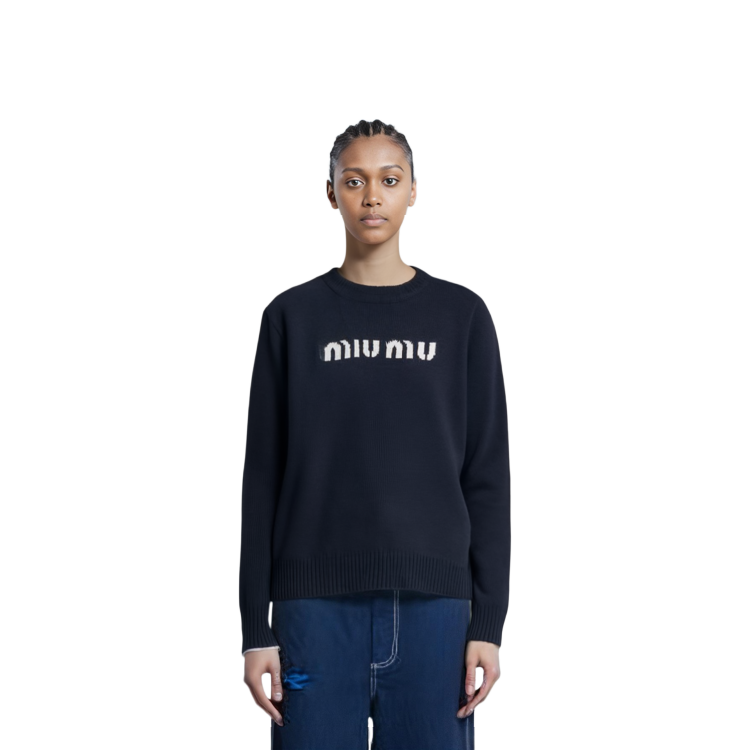 Purchase (W) MIU MIU FW23 黑色刺绣标志宽松毛衣 MML808-13K1-F0002