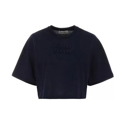 (Women) MIU MIU FW23 Black Short-Sleeve Crop Top T-Shirt MJN385-1YXT-F0008