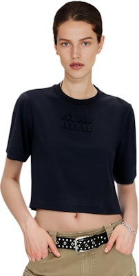 (W) MIU MIU FW23 Kaos Crop Lengan Pendek Hitam Wanita MJN385-1YXT-F0008 Shop (W) MIU MIU FW23 Kaos Crop Lengan Pendek Hitam Wanita MJN385-1YXT-F0008