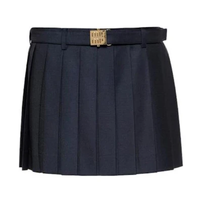 (Women) MIU MIU FW23 Blue Pleated Mid-Rise Mini Skirt Casual Style. MG2032-11AD-F0008-S-232