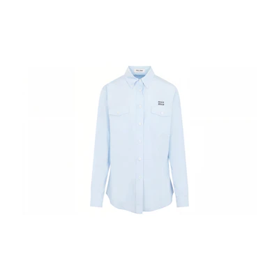 (Women) MIU MIU FW23 Blue Solid Color Pointed Collar Long Sleeve Shirt. MK1792-10RG-F0012