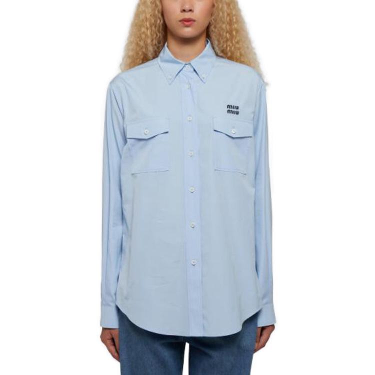 Shop (W) MIU MIU FW23 Baju Biru Kolar Tajam Lengan Panjang. MK1792-10RG-F0012