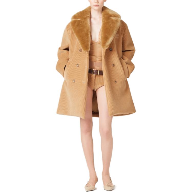 Lookbook (Women) MIU MIU FW23  Brown Double-Breasted Jacket with Embroidered Logo. ML990-13OR-F0040-S-232