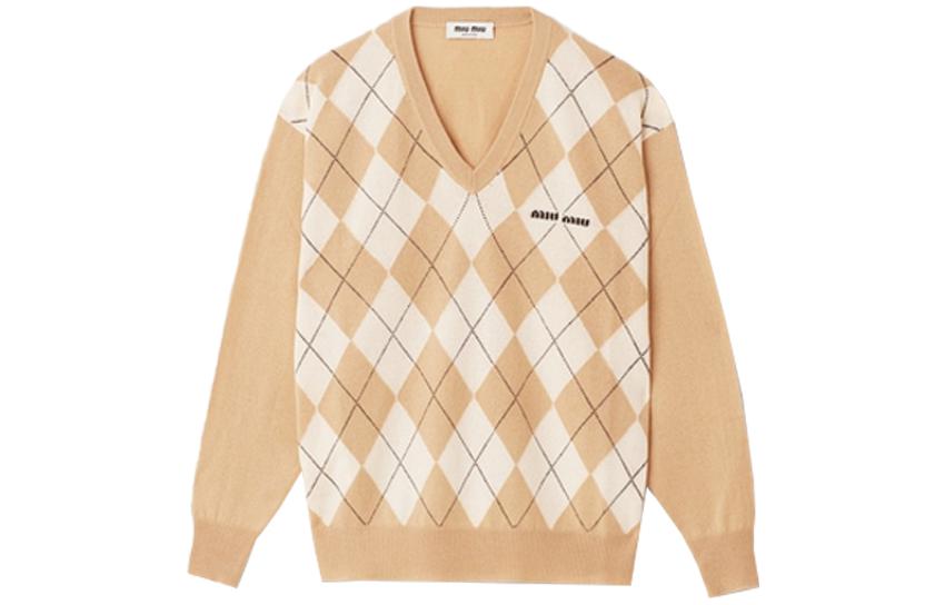 (Women) MIU MIU FW23  Colorblock Diamond Knit Sweater in Camel Brown. MML826-13MN-F0040-S-232